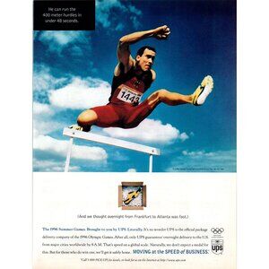1996 UPS Atlanta Olympic Hurdler Vintage Print Ad Courier Sponsor 90s Wall Art